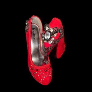 Badgley Mischka Red Suede Heels with Rhinestone Accents